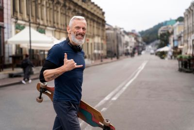 Senior in der Innenstadt mit Longboard im Arm macht Shaka-Geste